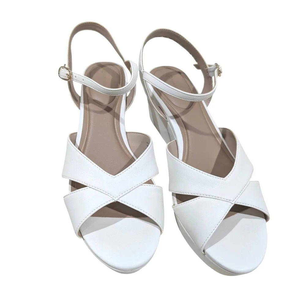 Giani Bernini White Linen Wedge Sandals Platform Ankle Strap Open Toe 9 M NIB